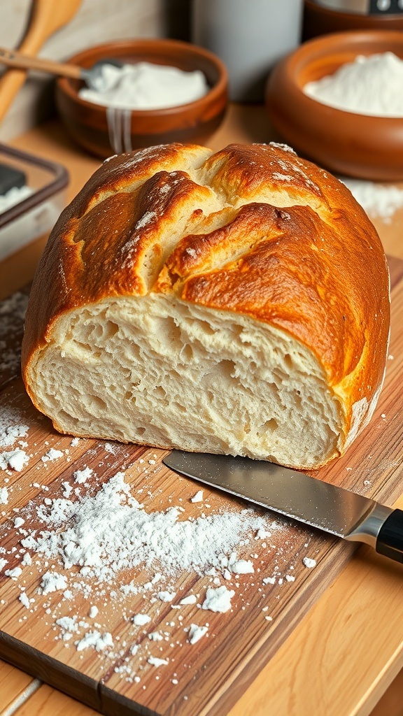 No-Starter Sourdough Bread Recipe Freshly baked sourdough bread on a wooden board with a golden crust and steam rising.